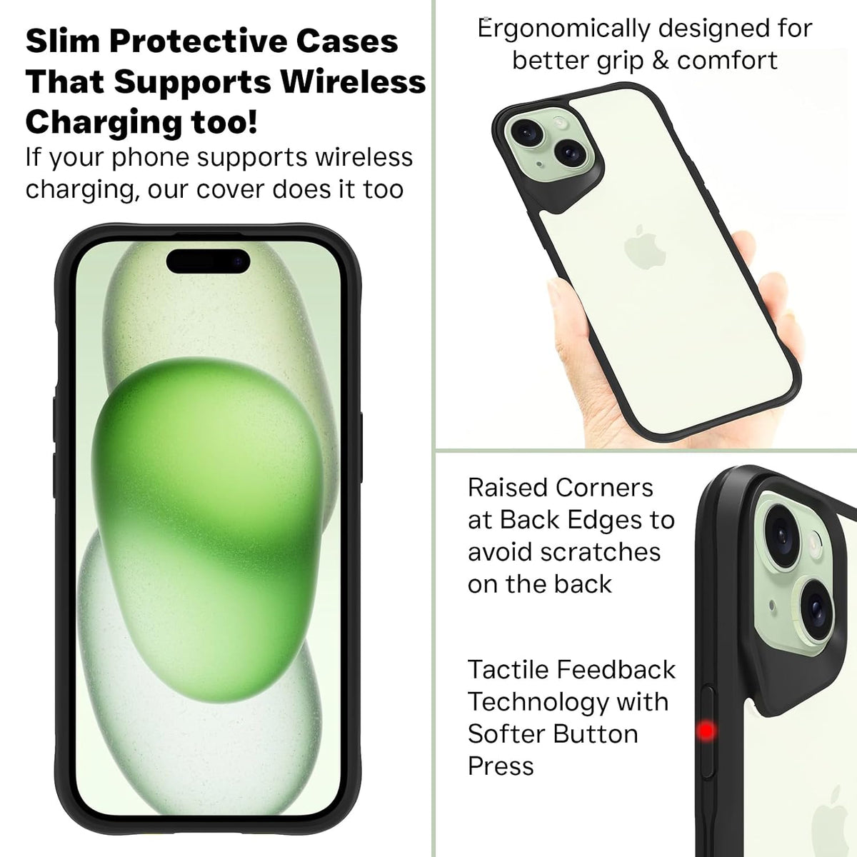 iPhone 15 Back Cover Case | Tough Hybrid - Clear Black