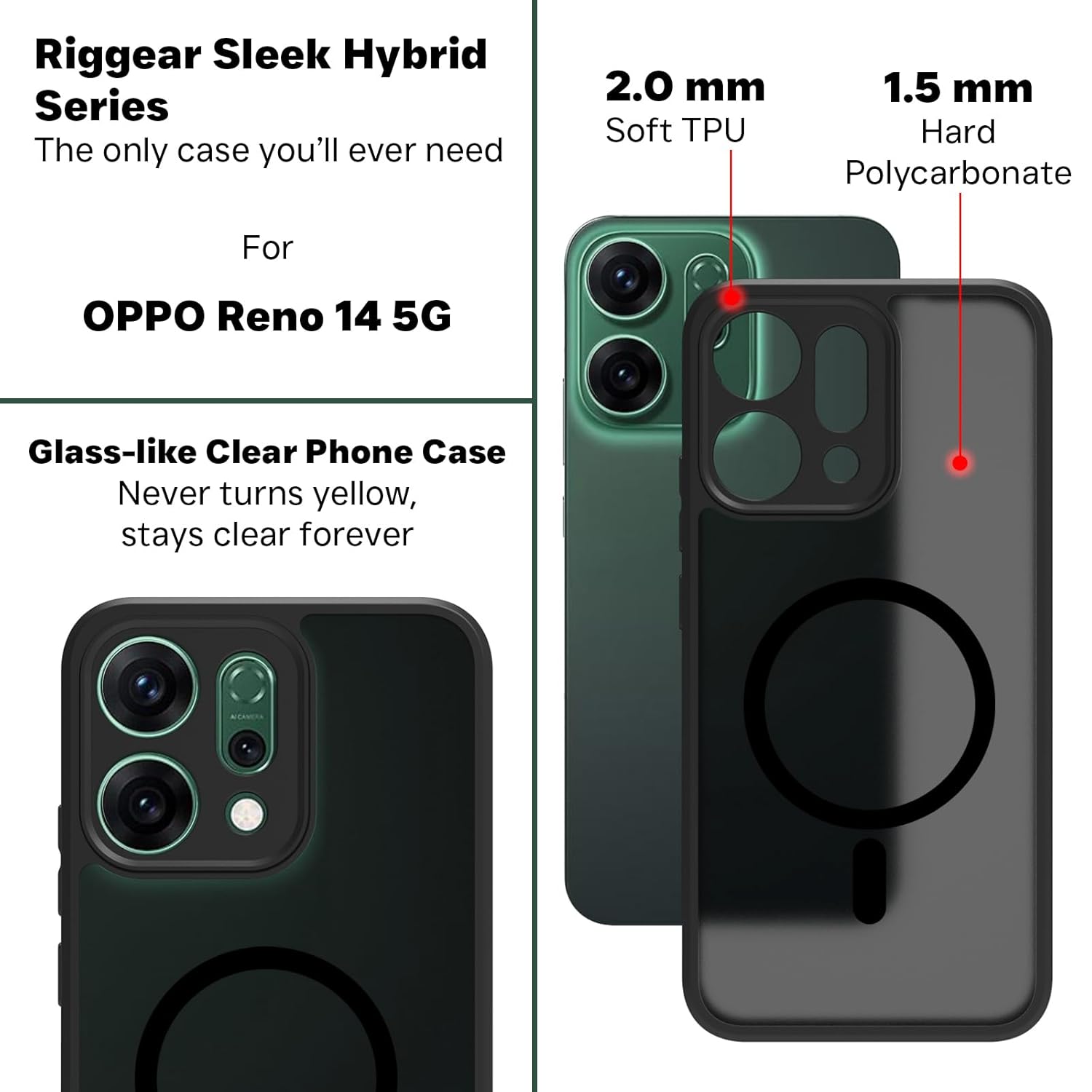 Oppo Reno14 5G Back Cover Case | Sleek Hybrid - Matte Black Magnetic
