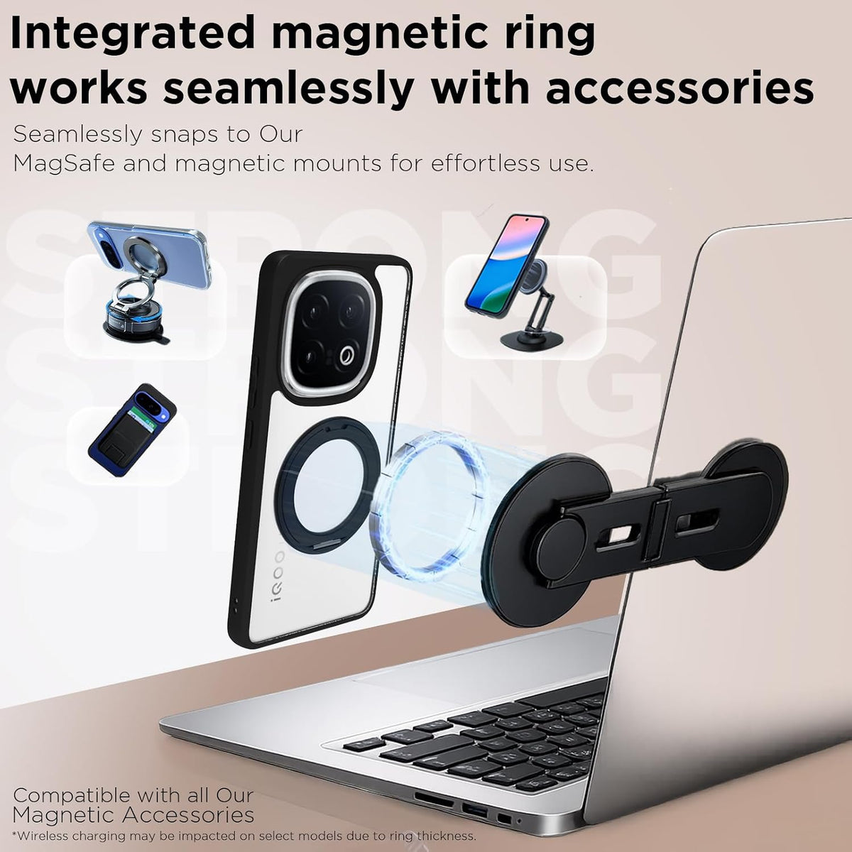 iQOO 13 5G Ring Stand Back Cover Case | Sleek Hybrid - Matte Black Magnetic