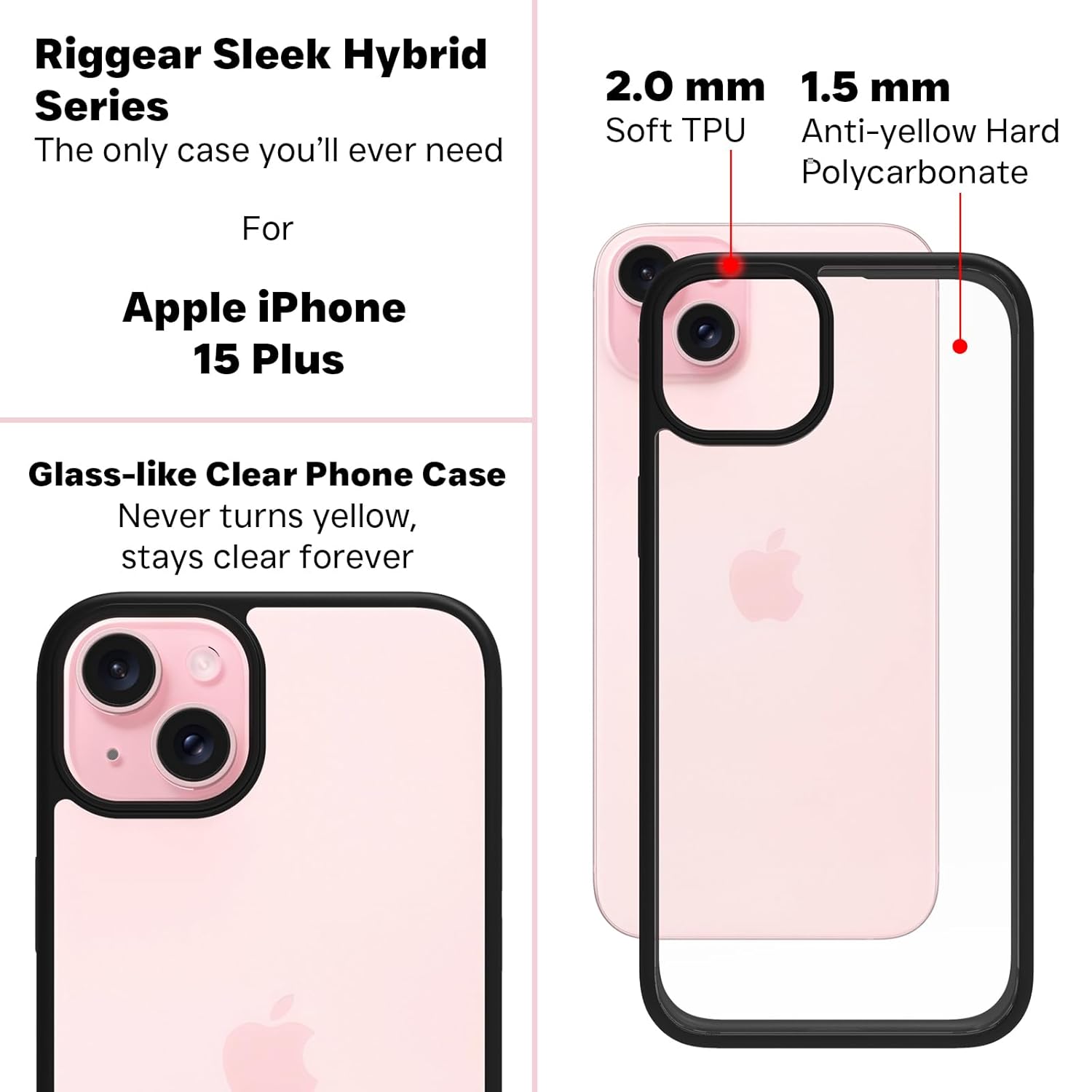 iPhone 15 Plus Back Cover Case | Sleek Hybrid - Clear Black