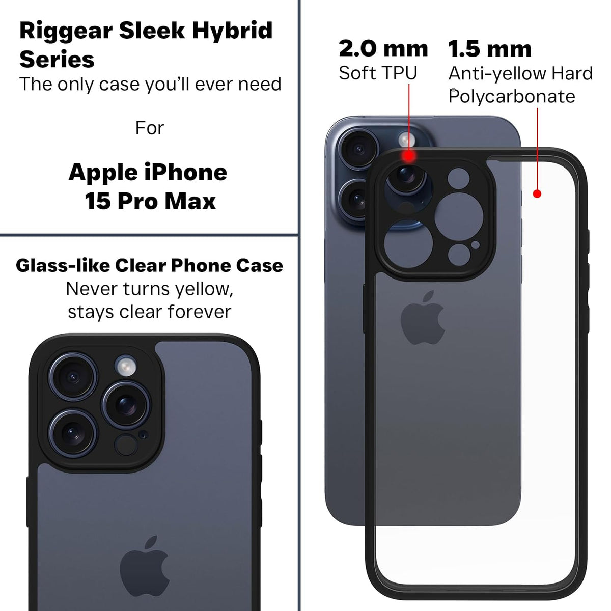 iPhone 15 Pro Max Back Cover Case | Sleek Hybrid - Clear Black