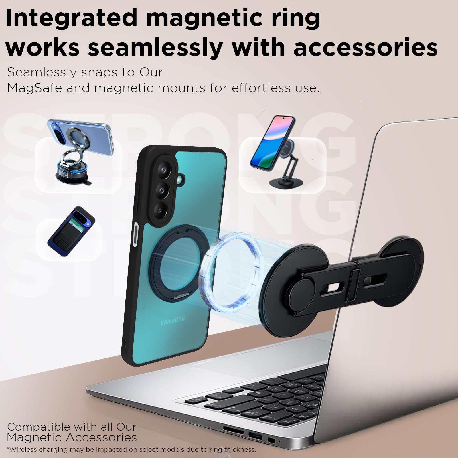 Samsung Galaxy M47 Ring Stand Back Cover Case | Sleek Hybrid - Matte Black Magnetic