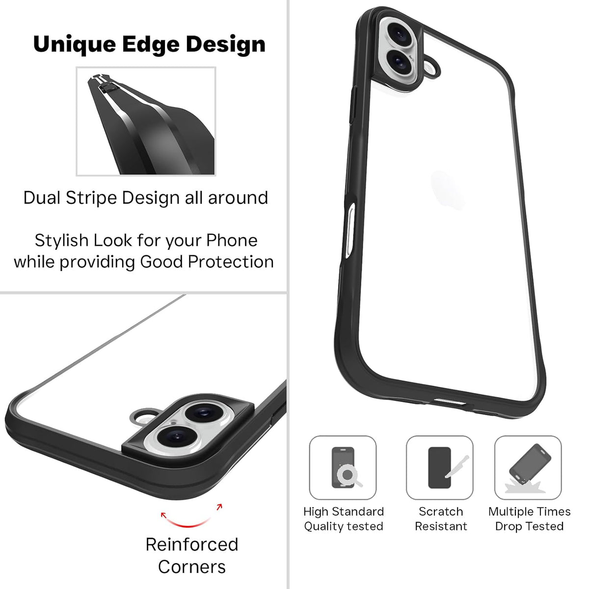 iPhone 16 Plus Back Cover Case | Tough Hybrid - Clear Black