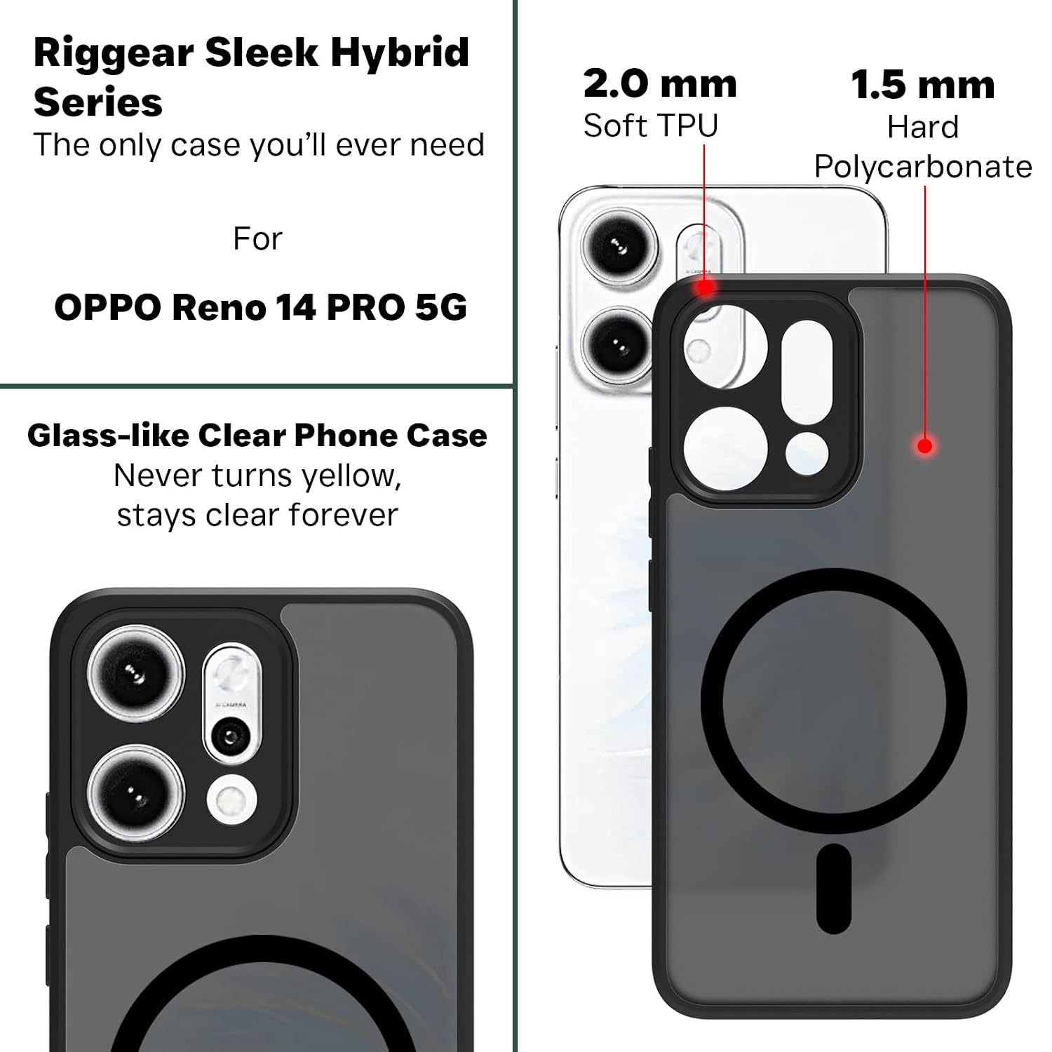 Oppo Reno 14 Pro Back Cover Case | Sleek Hybrid - Matte Black Magnetic