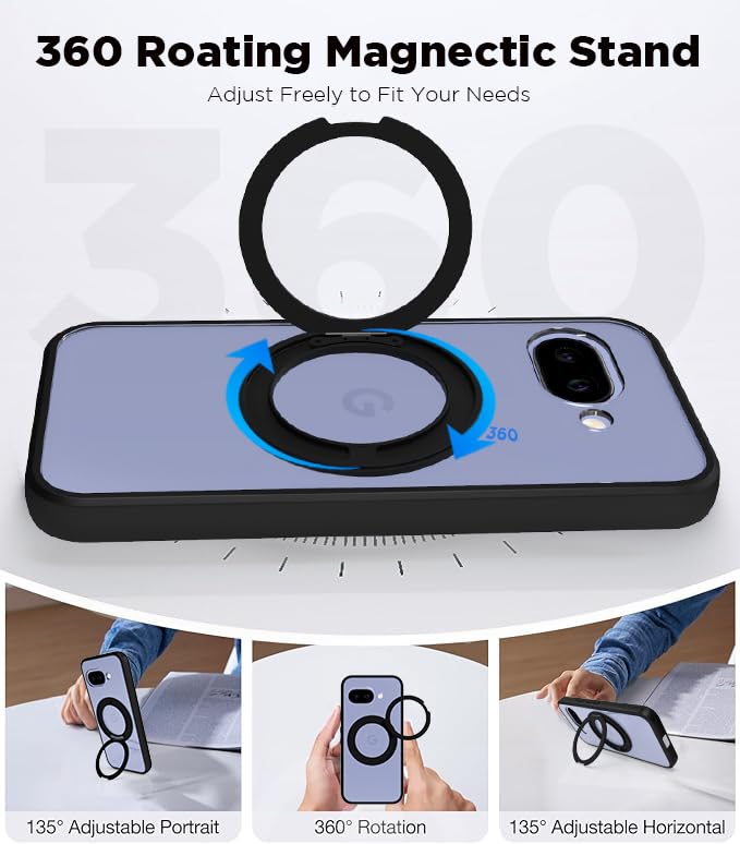 Google Pixel 9a Ring Stand Back Cover Case | Clear Hybrid - Clear Black Magnetic