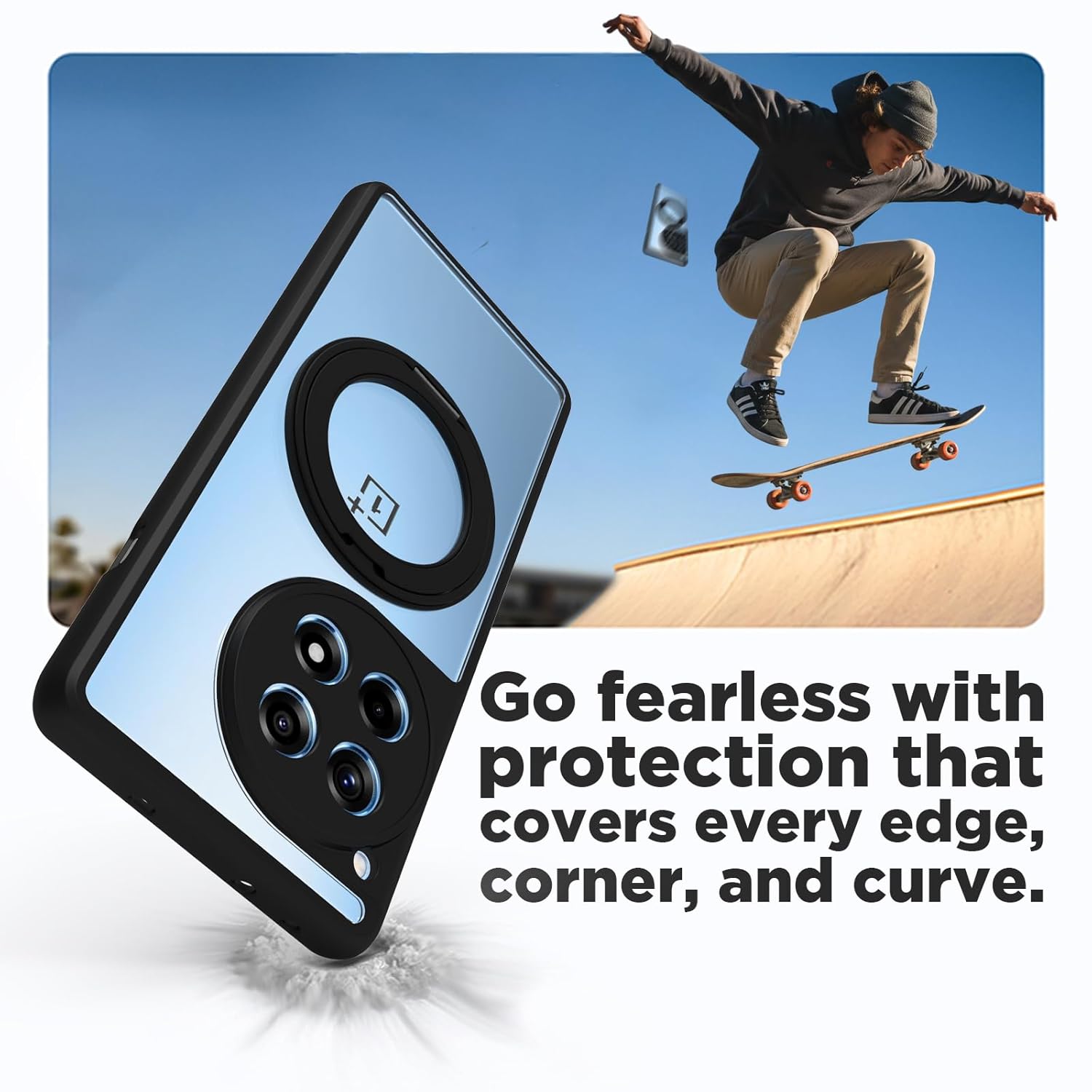 OnePlus 12R Ring Stand Back Cover Case | Clear Hybrid - Clear Black Magnetic