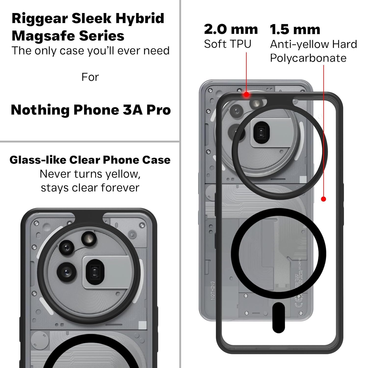 Nothing Phone 3a Pro Back Cover Case | Clear Hybrid - Clear Black Magnetic