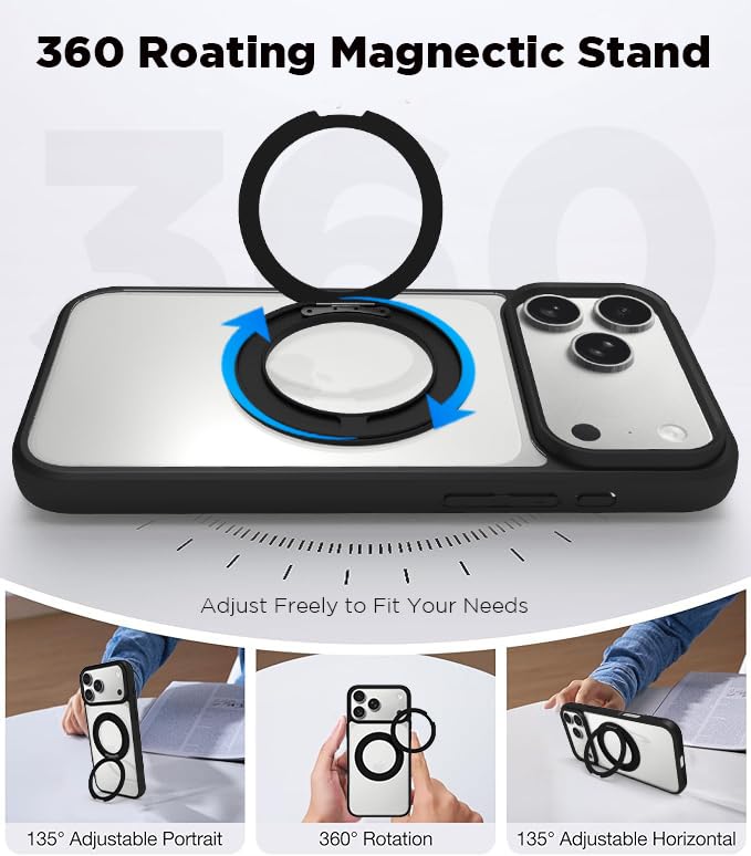 iPhone 18 Pro Max/iPhone 17 Pro Max Ring Stand Back Cover Case | Tough Hybrid - Clear Black Magnetic