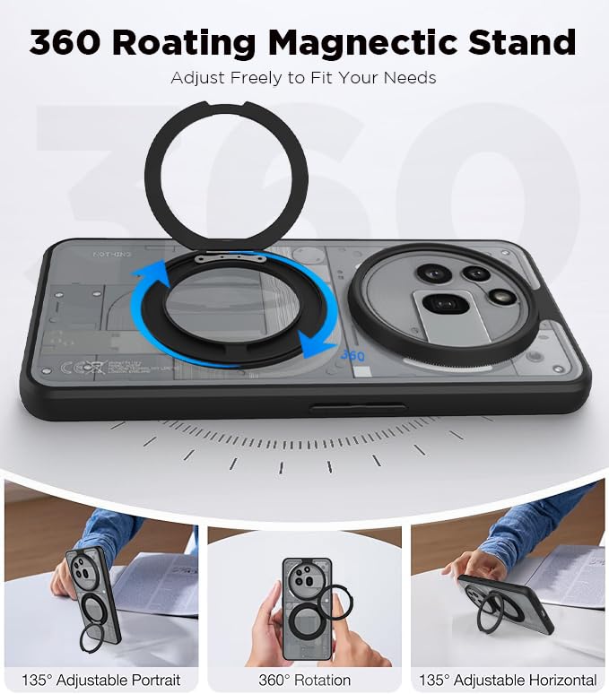 Nothing Phone 3a Pro Ring Stand Back Cover Case | Clear Hybrid - Clear Black Magnetic