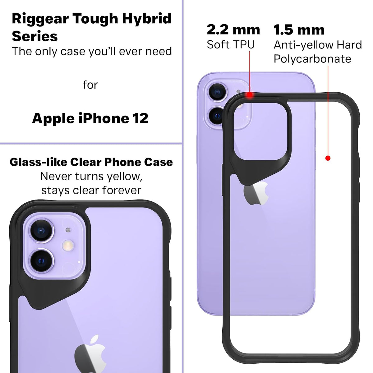 iPhone 12 Back Cover Case |  Tough Hybrid - Clear Black