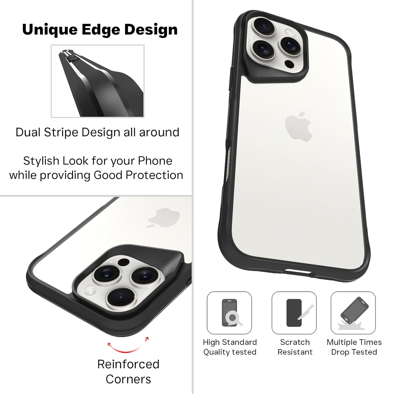 iPhone 16 Pro Back Cover Case | Tough Hybrid - Clear Black