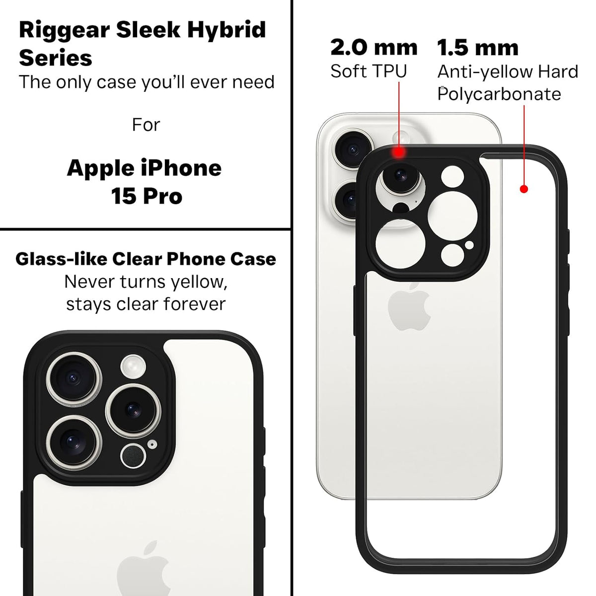 iPhone 15 Pro Back Cover Case | Sleek Hybrid - Clear Black
