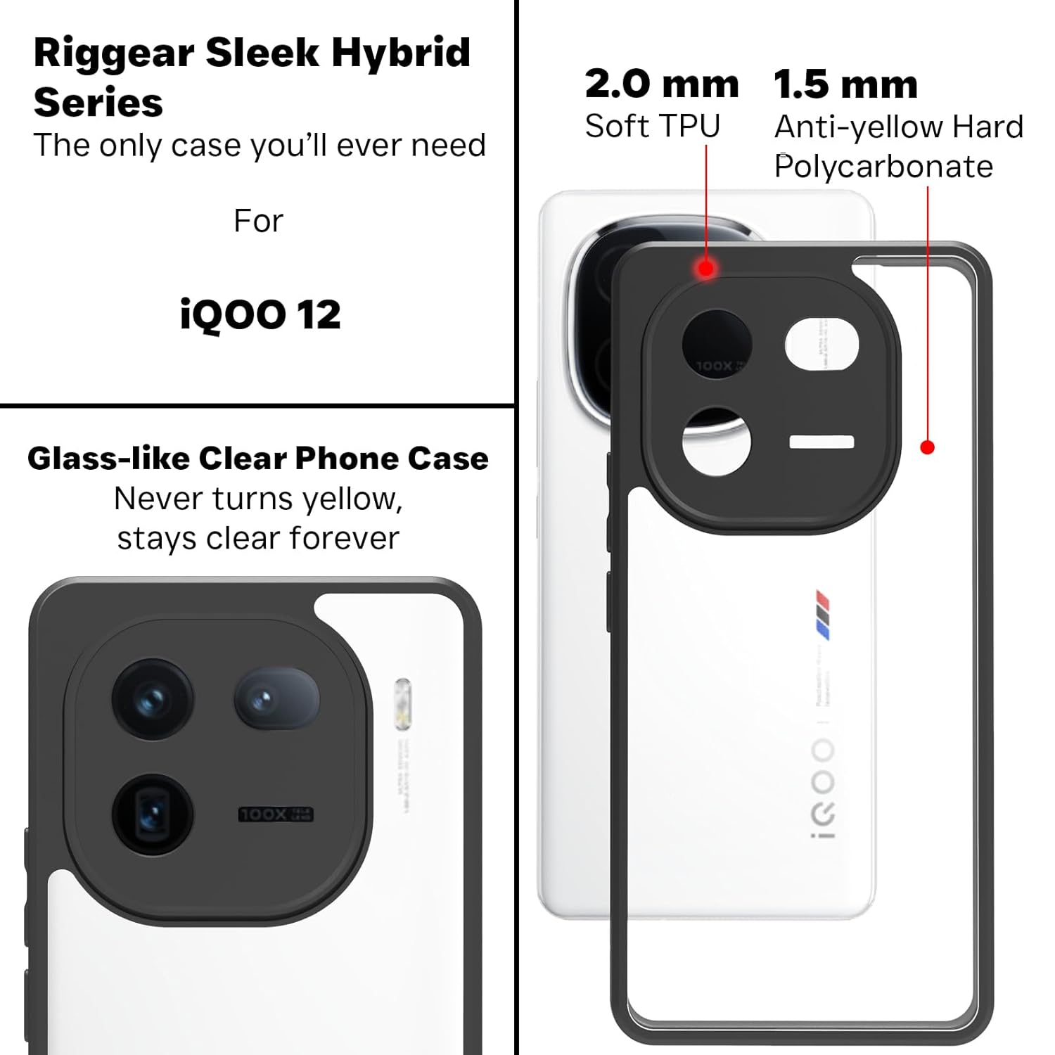 iQOO 12 5G Back Cover Case | Sleek Hybrid - Clear