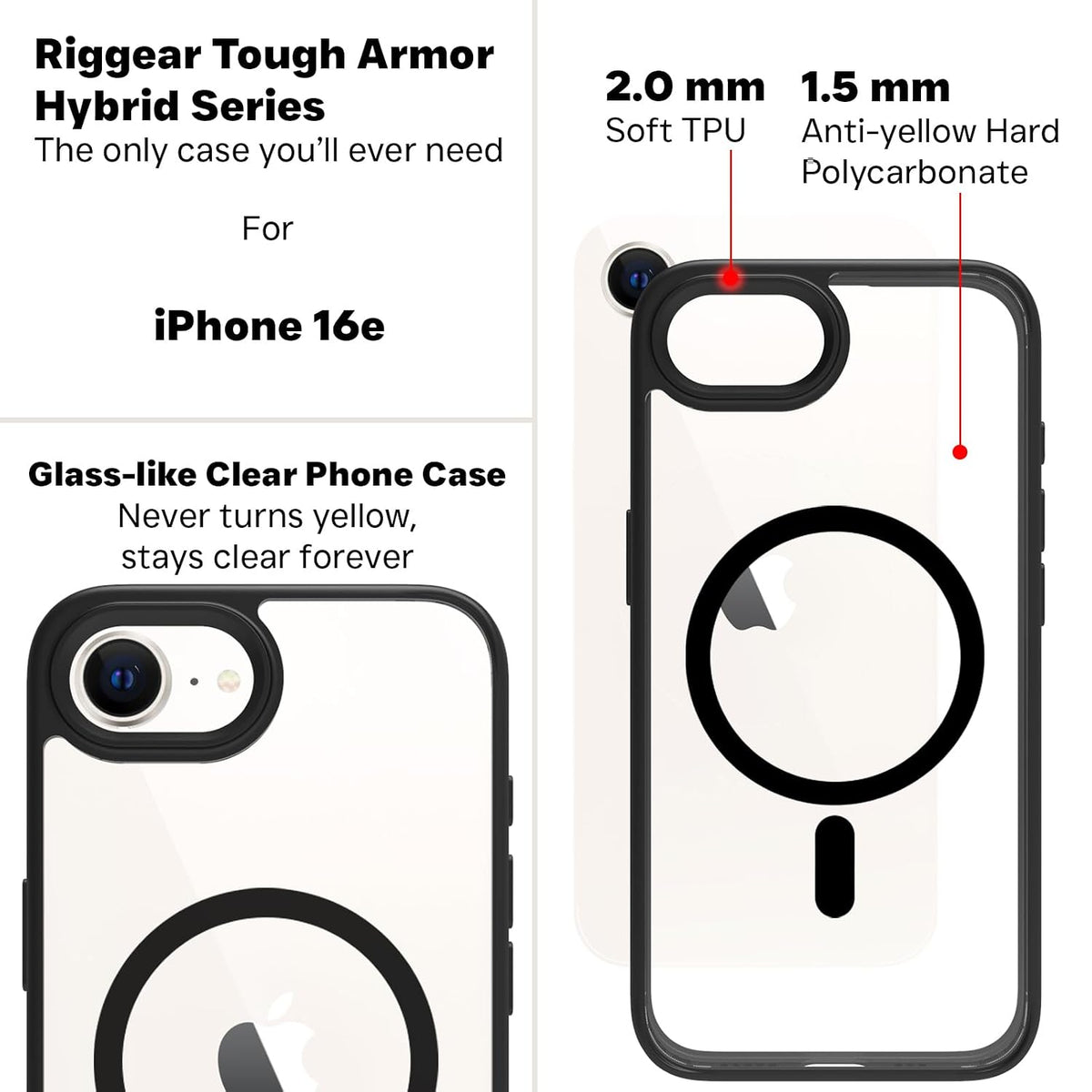 iPhone 17e / iPhone 16e Back Cover Case | Tough Hybrid - Clear Black Magnetic