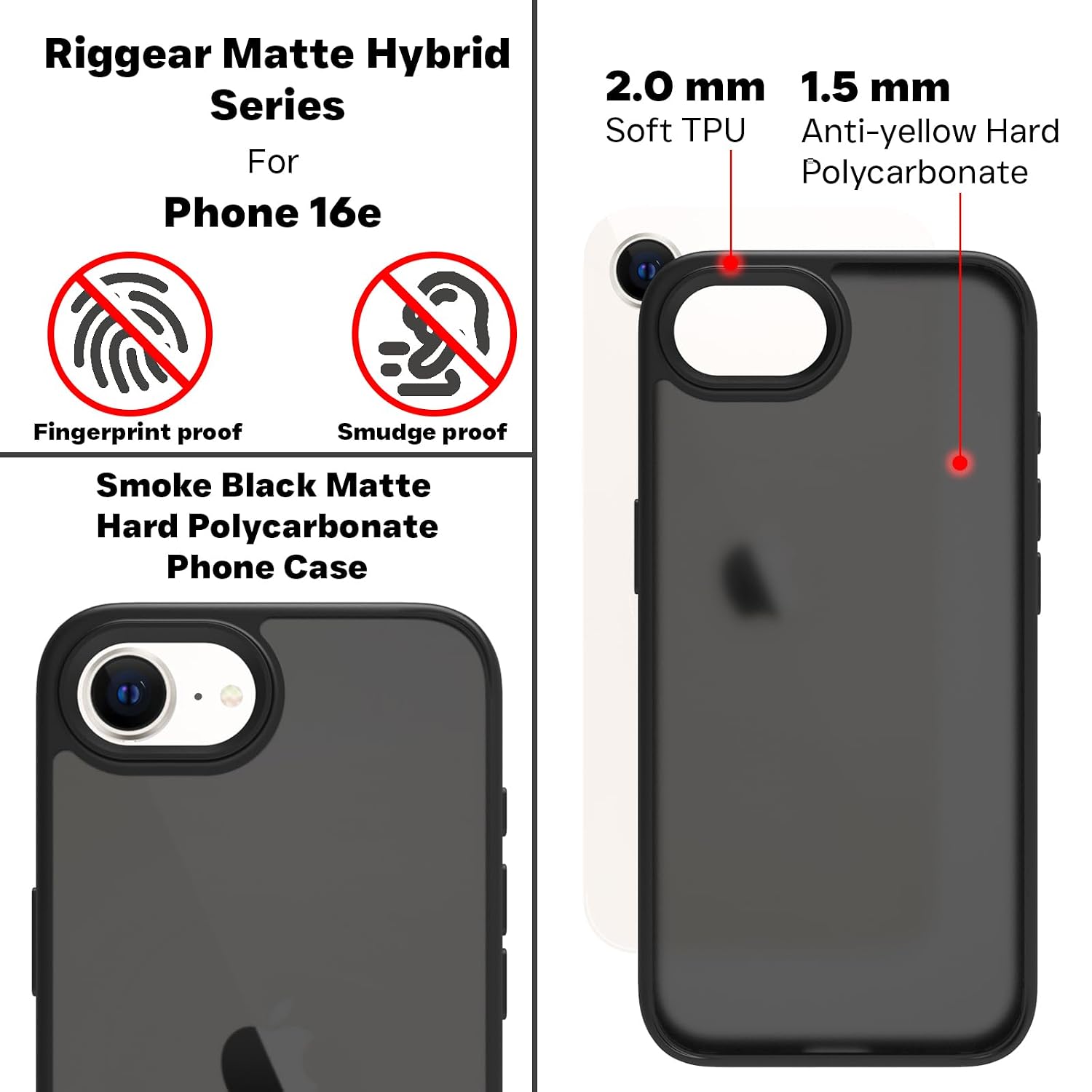 iPhone 16e Back Cover Case | Tough Hybrid - Matte Black