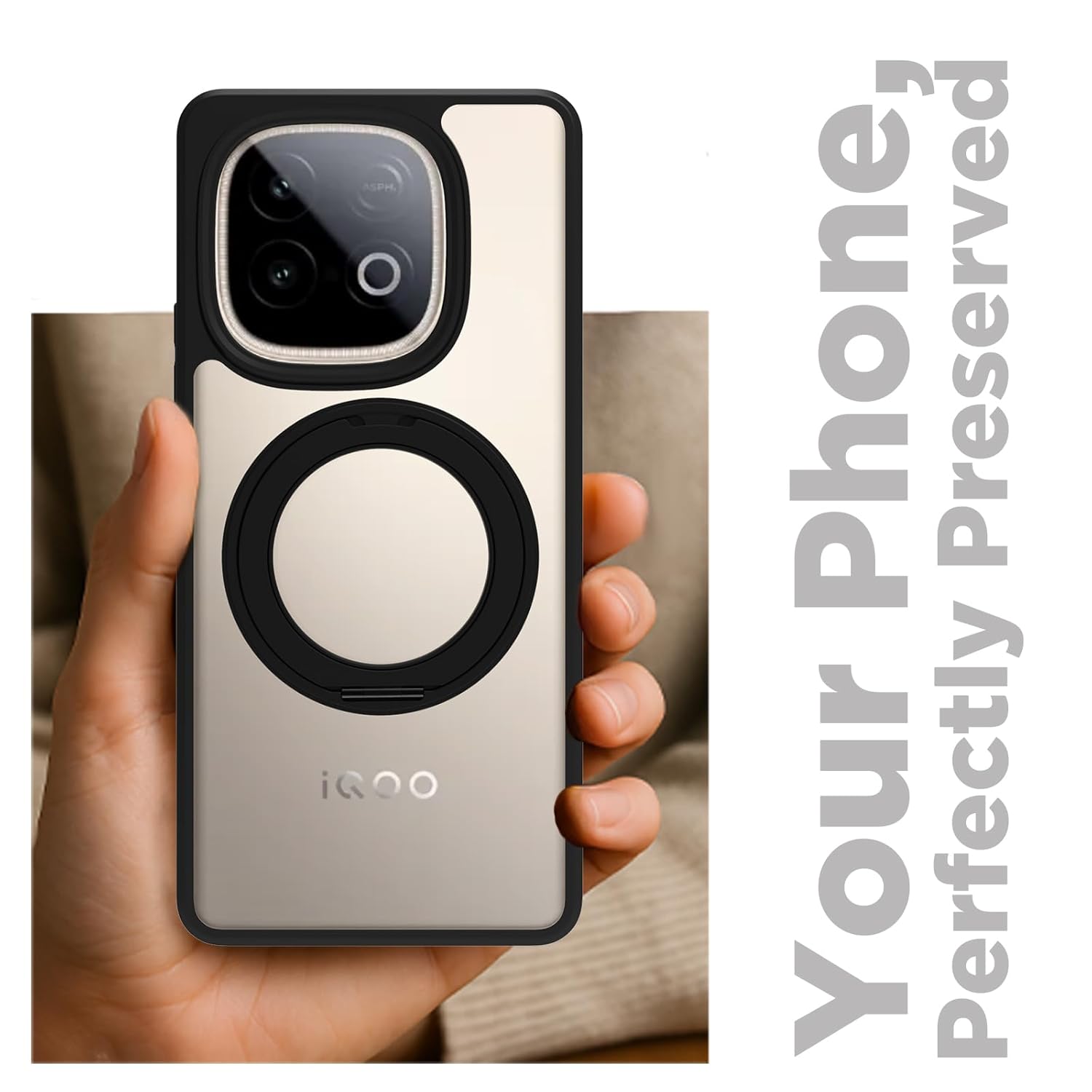iQOO Neo 10 5G Ring Stand Back Cover Case | Clear Hybrid - Clear Black Magnetic