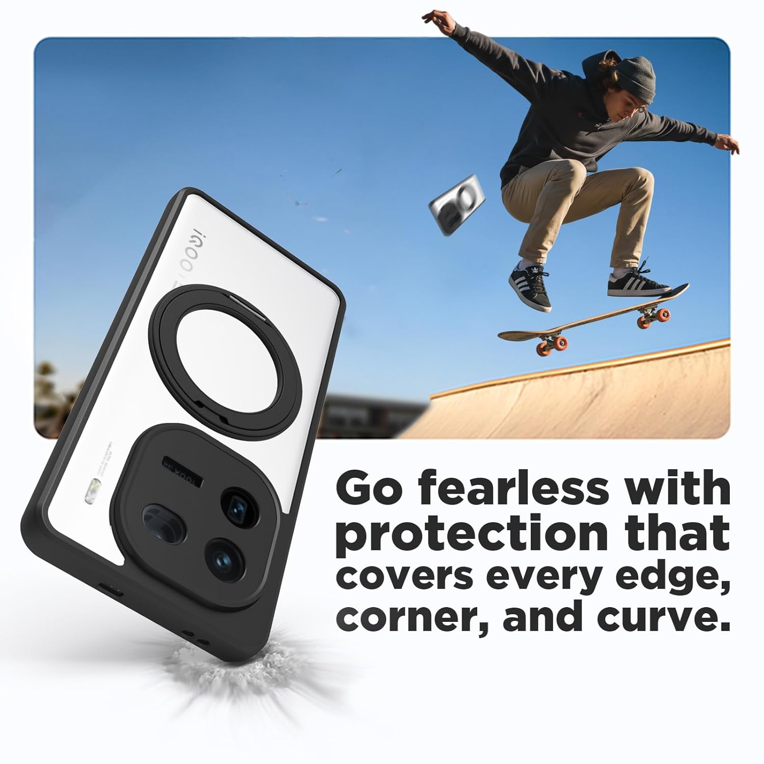 iQOO 12 5G Ring Stand Back Cover Case | Clear Hybrid - Clear Black Magnetic
