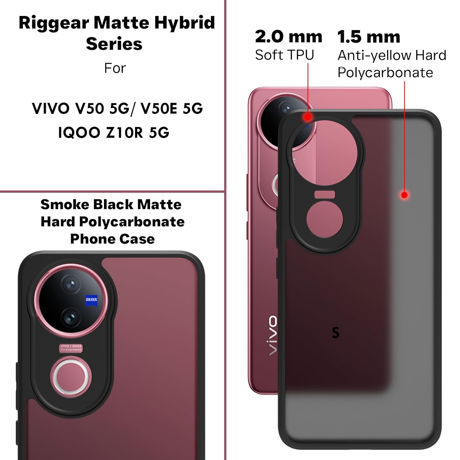 Vivo V50 5G / V50e 5G / iQOO Z10R 5G / Vivo T4R 5G Back Cover Case | Sleek Hybrid - Matte Black