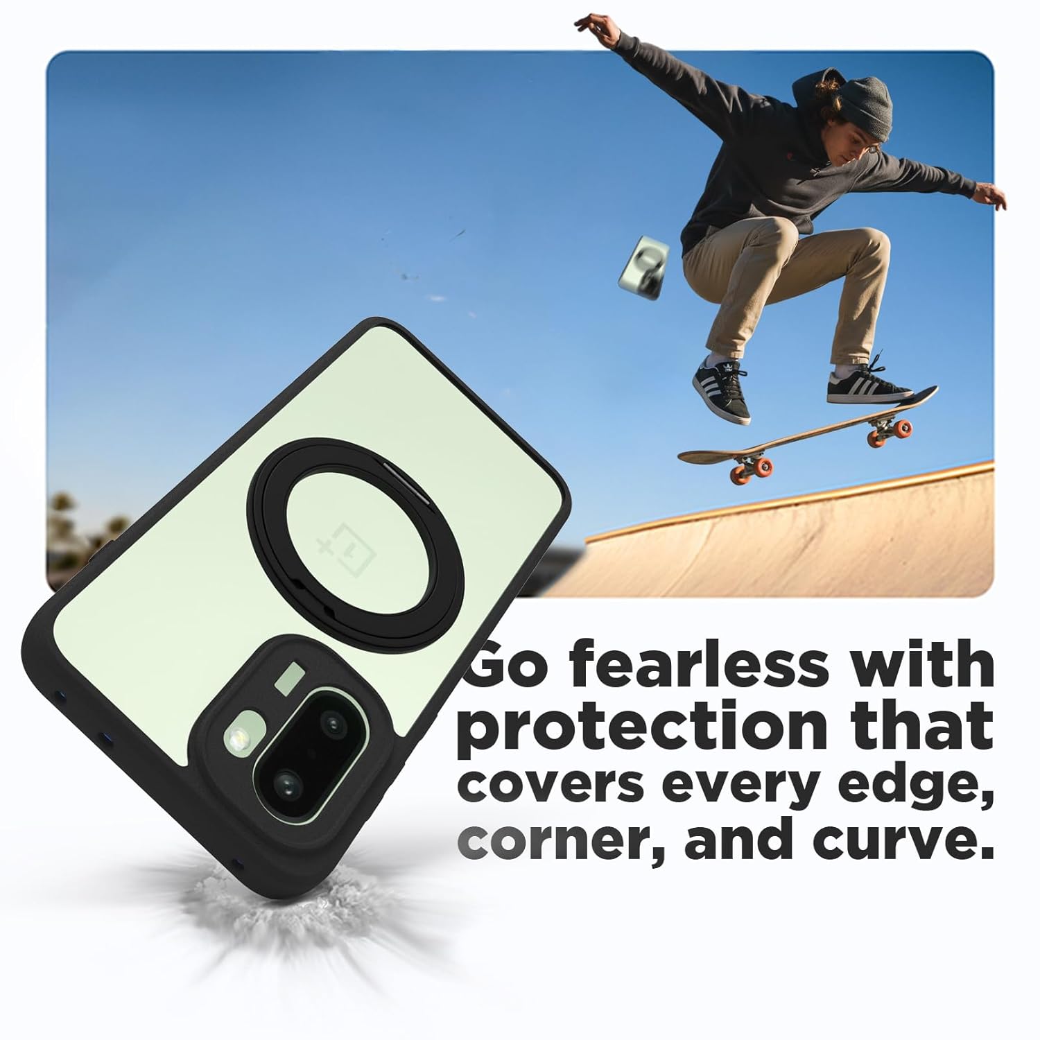 OnePlus 15R 5G Ring Stand Back Cover Case | Clear Hybrid - Clear Black Magnetic