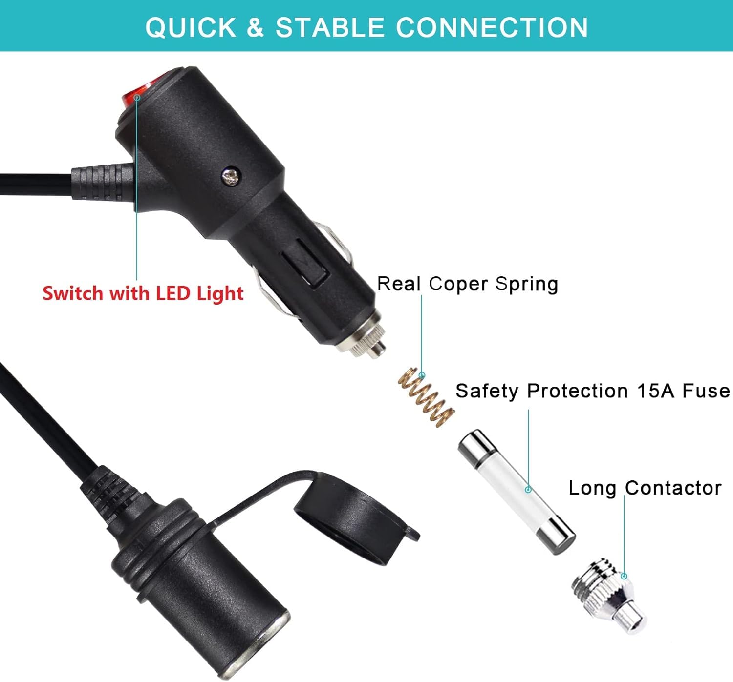 Car Cigarette Lighter Extension Cable | 3M with Switch & 15A Fuse