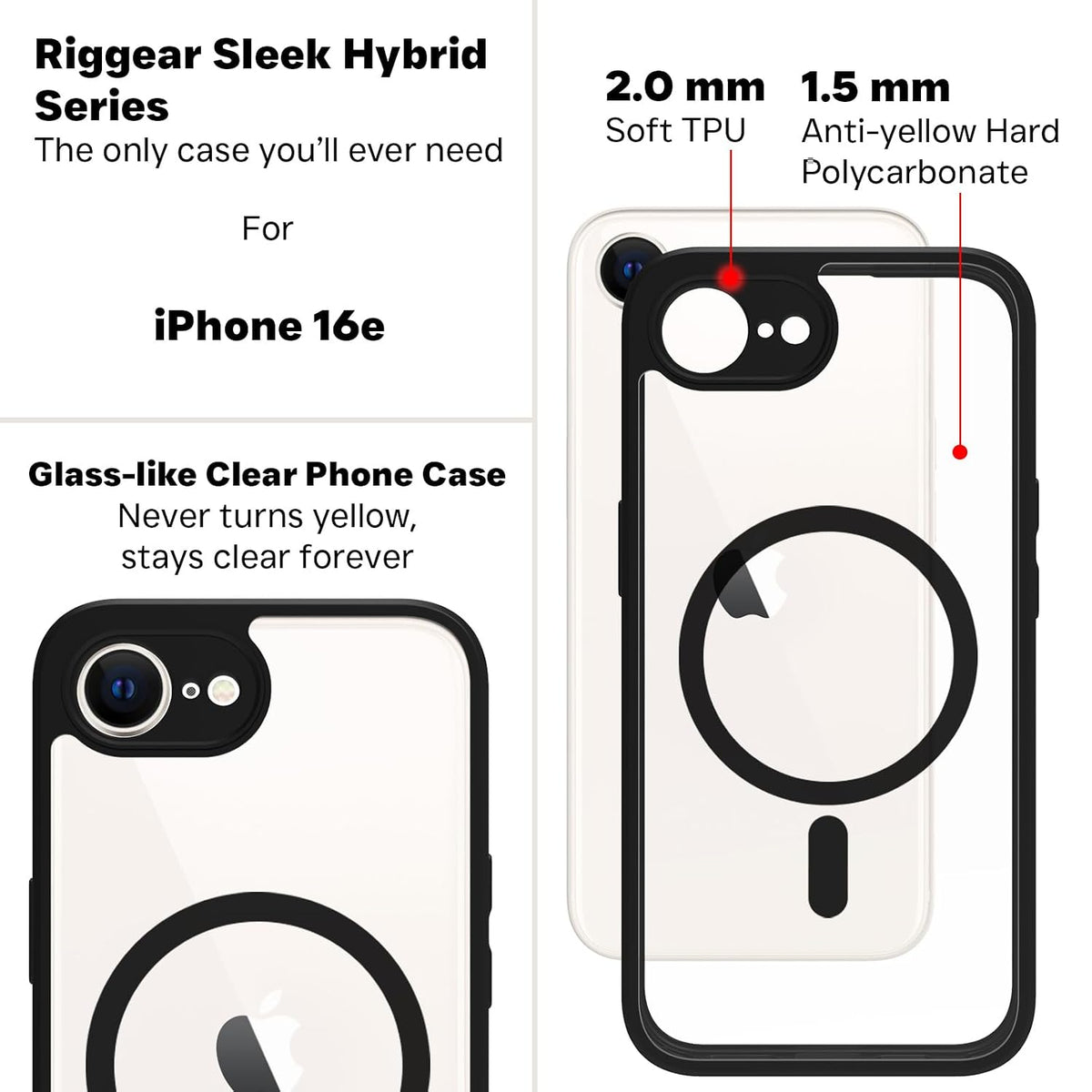 iPhone 17e / iPhone 16e Back Cover Case | Sleek Hybrid - Clear Black Magnetic