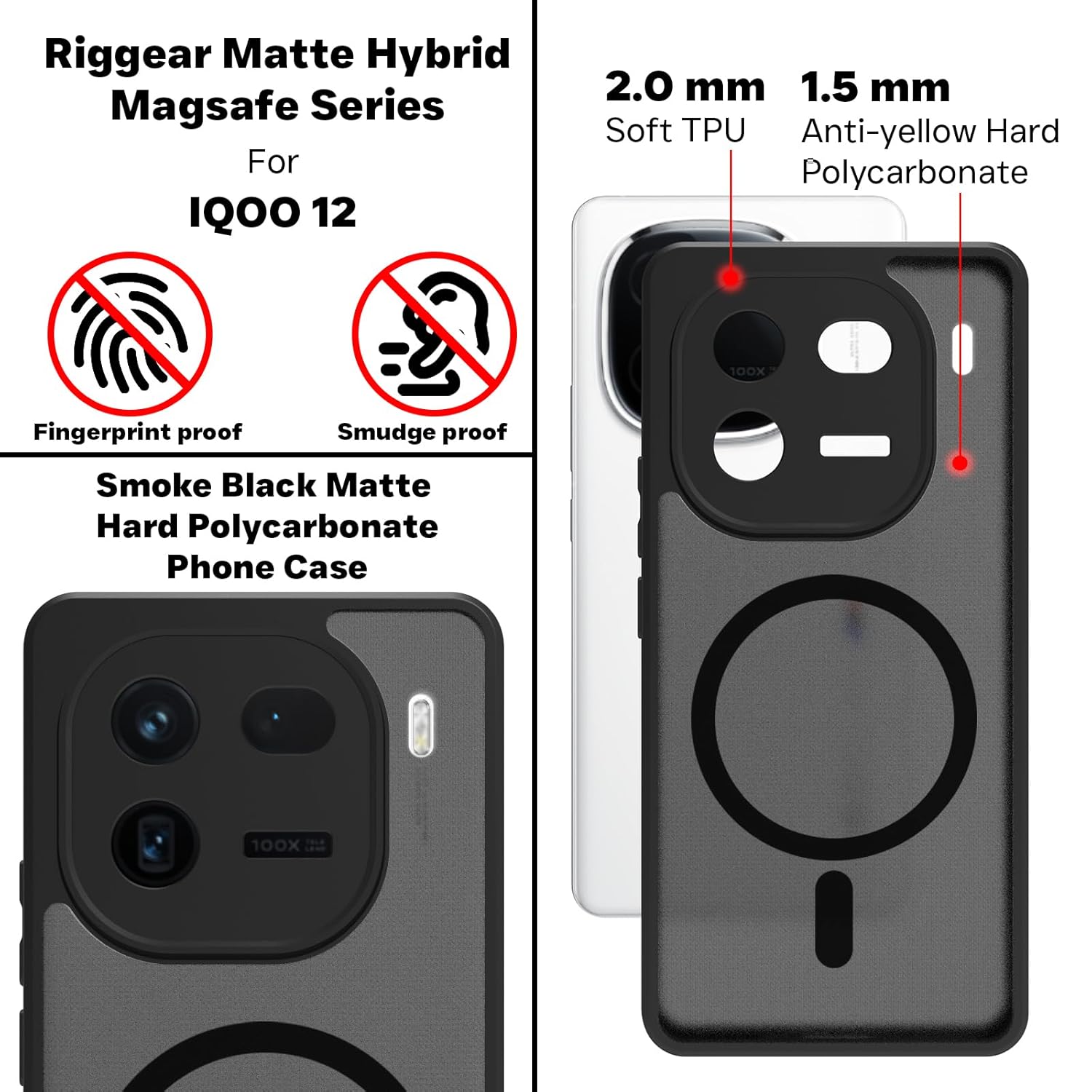 iQOO 12 5G Back Cover Case | Sleek Hybrid - Matte Black Magnetic