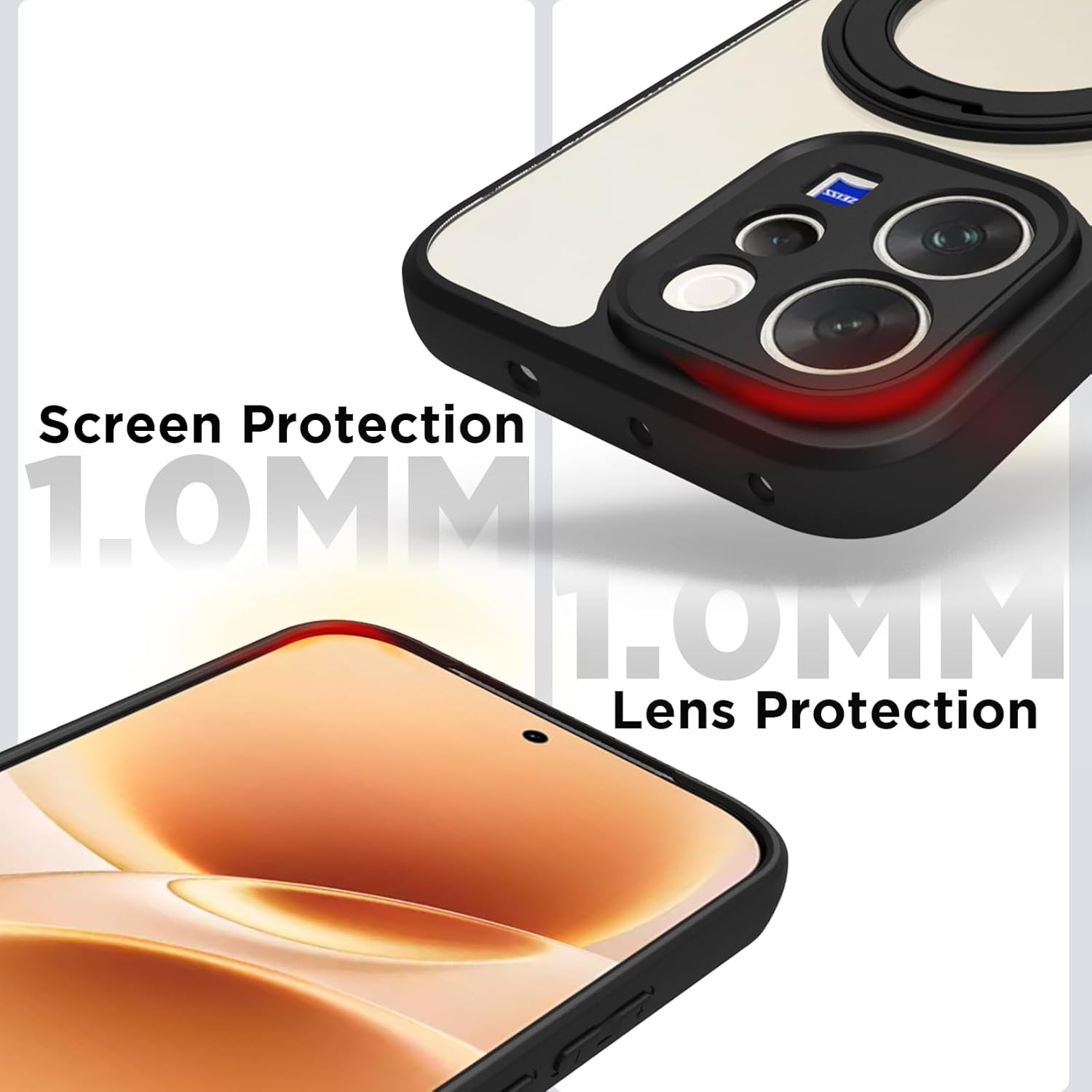 Vivo V70 / V70 Elite 5G Ring Stand Back Cover Case | Clear Hybrid - Clear Black Magnetic