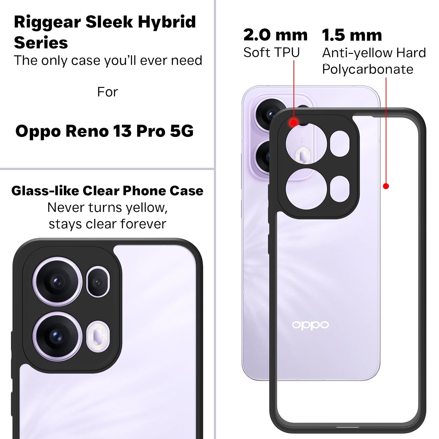 Oppo Reno 13 Pro Back Cover Case | Sleek Hybrid - Clear Black