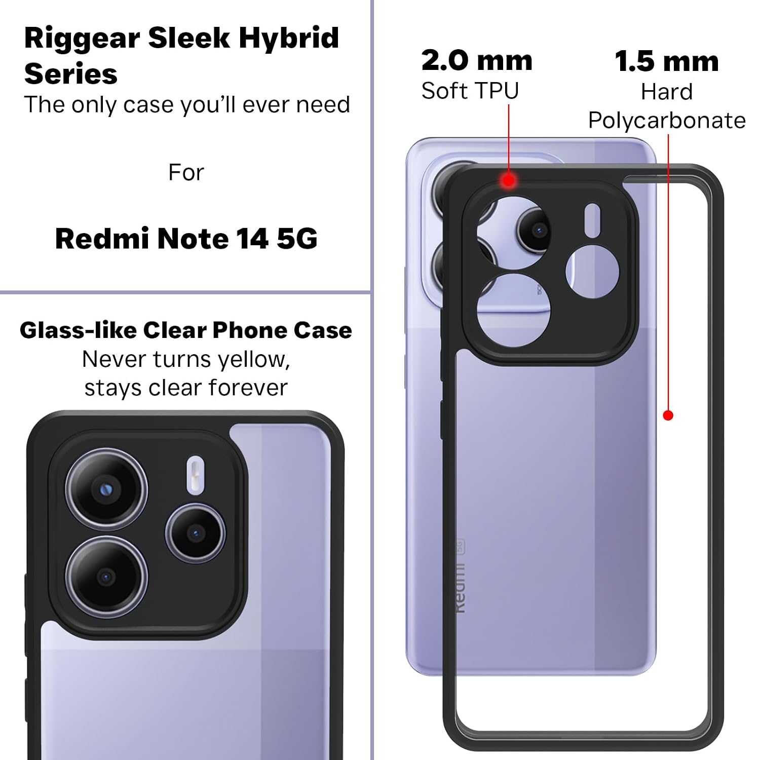 Redmi Note 14 5G Back Cover Case | Sleek Hybrid - Clear