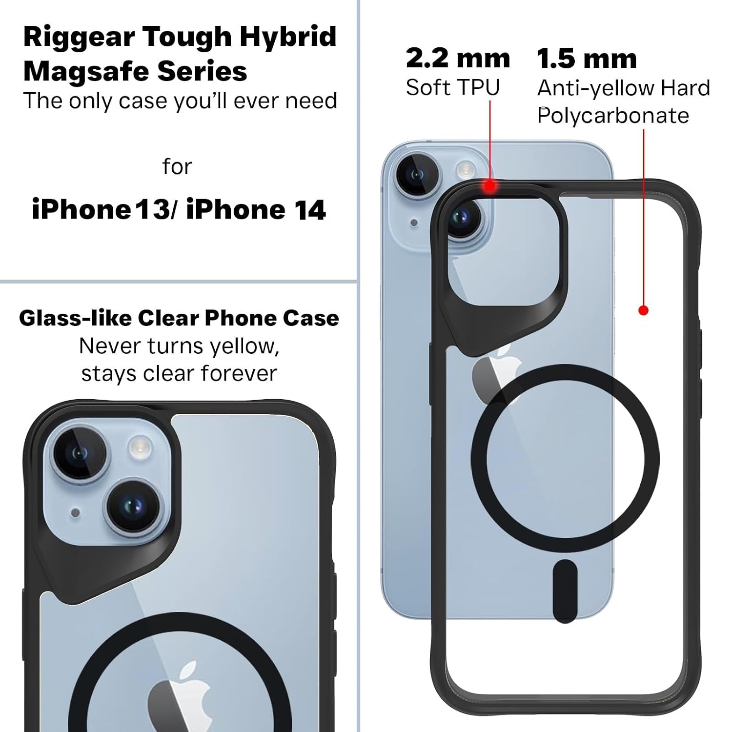 iPhone 13 / iPhone 14 Back Cover Case | Tough Hybrid - Clear Black Magnetic