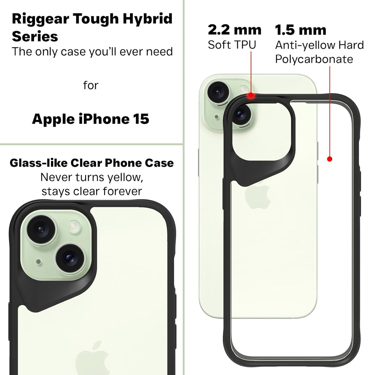 iPhone 15 Back Cover Case | Tough Hybrid - Clear Black