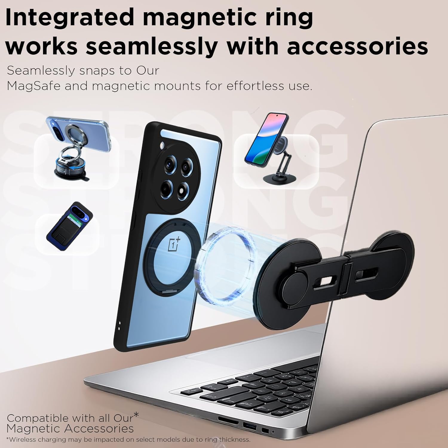 OnePlus 12R Ring Stand Back Cover Case | Clear Hybrid - Clear Black Magnetic