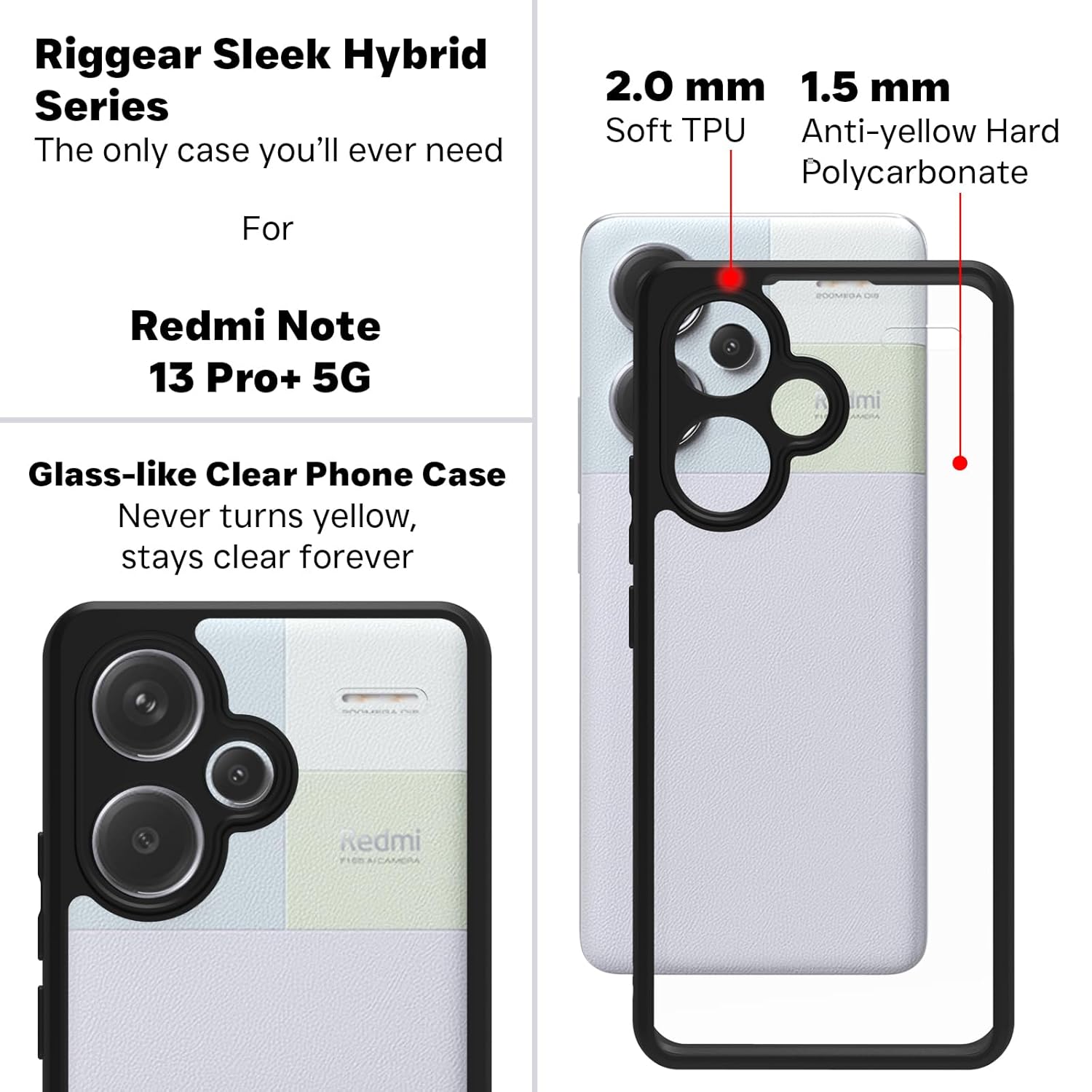 Redmi Note 13 Pro Plus 5G Back Cover Case | Clear Hybrid - Clear Black