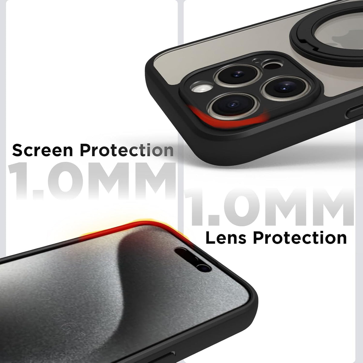 iPhone 15 Pro Ring Stand Back Cover Case | Sleek Hybrid - Clear Black Ring Stand