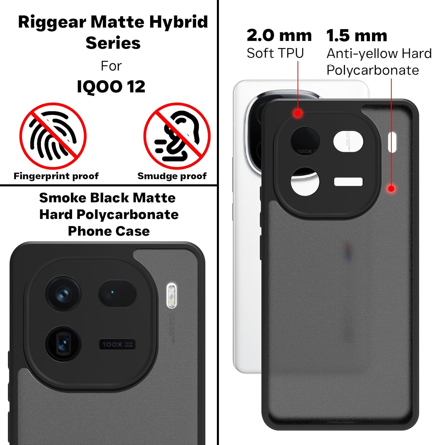 iQOO 12 5G Back Cover Case | Sleek Hybrid - Matte Black