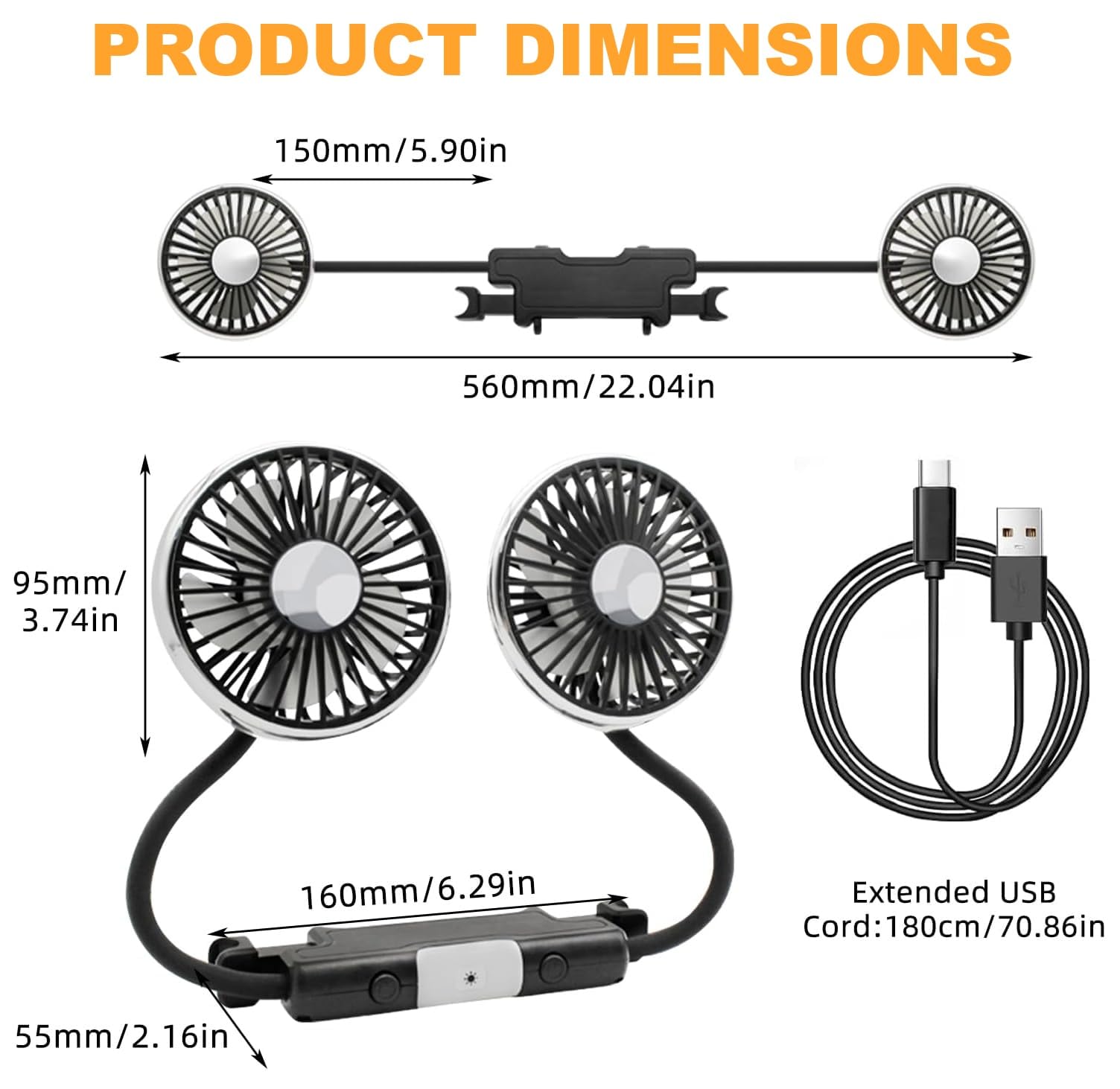 Dual Head Car Cooling Fan | 3-Speed 360 Degree USB Fan with LED Light