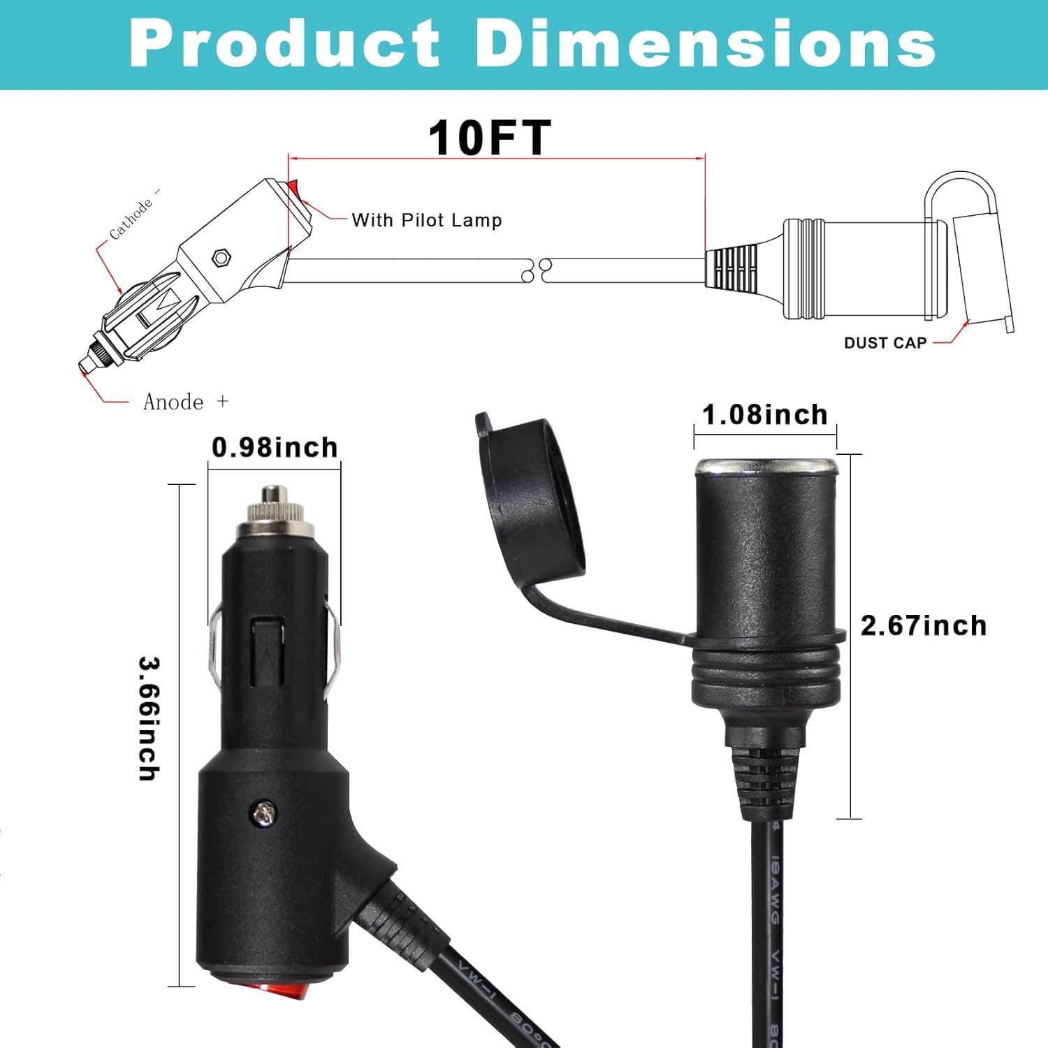 Car Cigarette Lighter Extension Cable | 3M with Switch & 15A Fuse