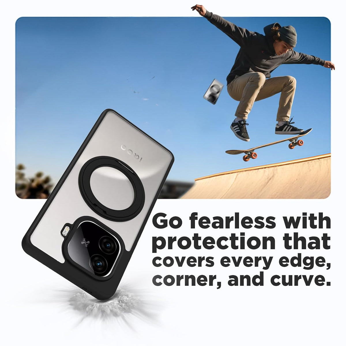 iQOO Neo 10R Ring Stand Back Cover Case | Sleek Hybrid - Clear Black Ring Stand