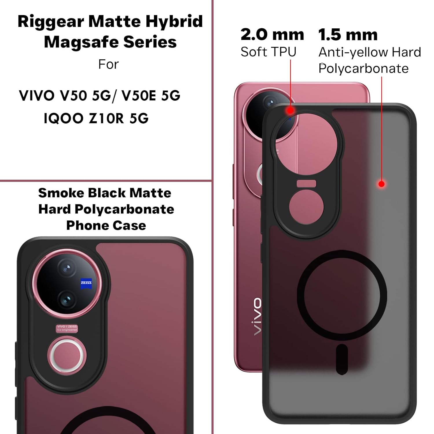 Vivo V50 5G / V50e 5G / iQOO Z10R 5G / Vivo T4R 5G Back Cover Case | Sleek Hybrid - Matte Black  Magentic