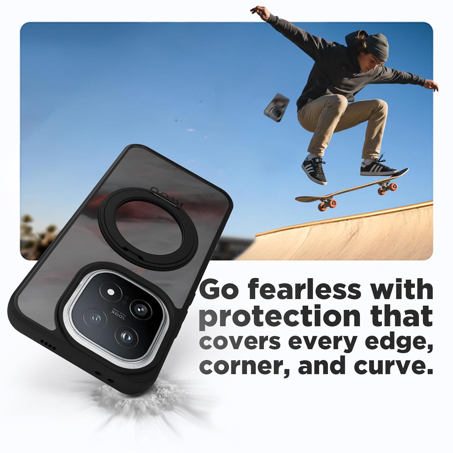 iQOO 15 5G Ring Stand Back Cover Case | Sleek Hybrid - Matte Black Magnetic
