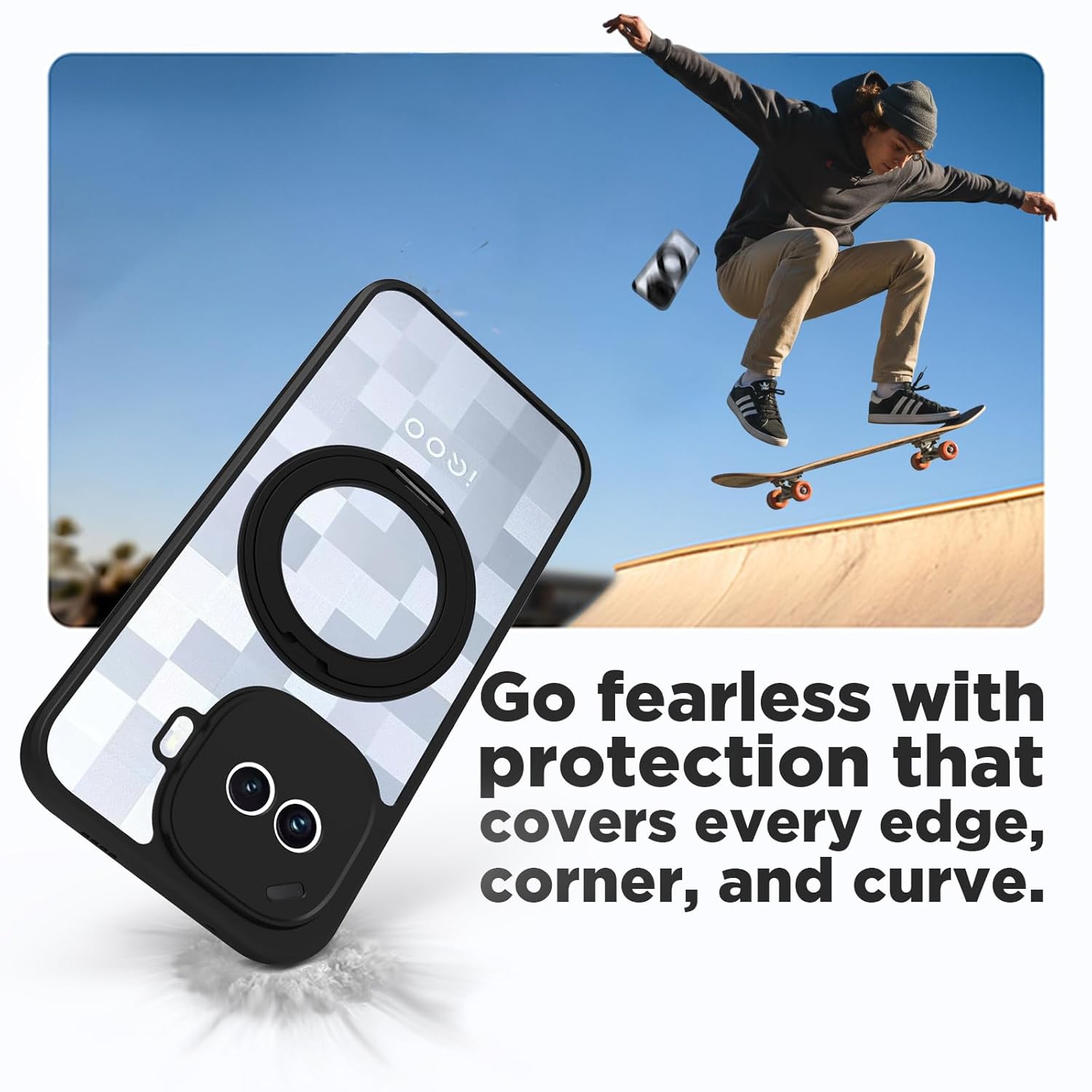 iQOO 15R 5G Ring Stand Back Cover Case | Clear Hybrid - Clear Black Magnetic