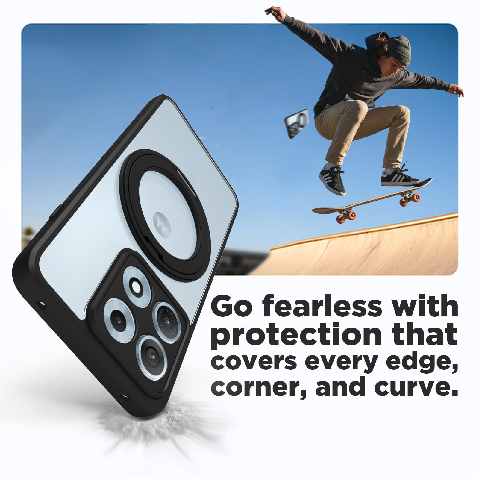 Motorola Edge 70 Max Ring Stand Back Cover Case| Sleek Hybrid - Clear Black Magnetic