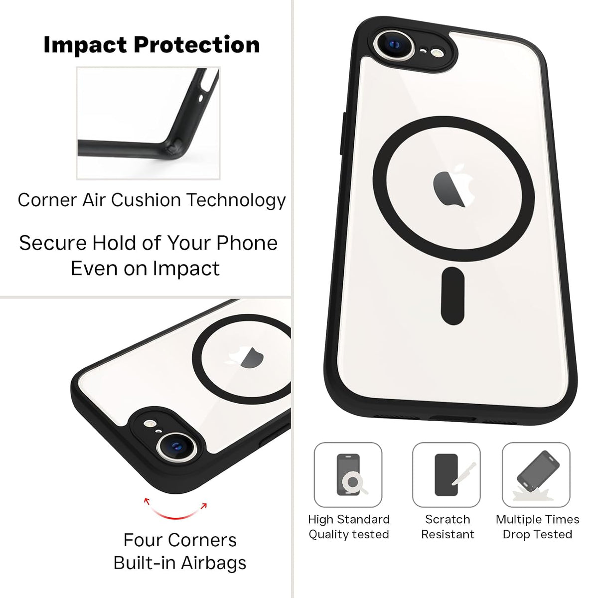 iPhone 17e / iPhone 16e Back Cover Case | Sleek Hybrid - Clear Black Magnetic