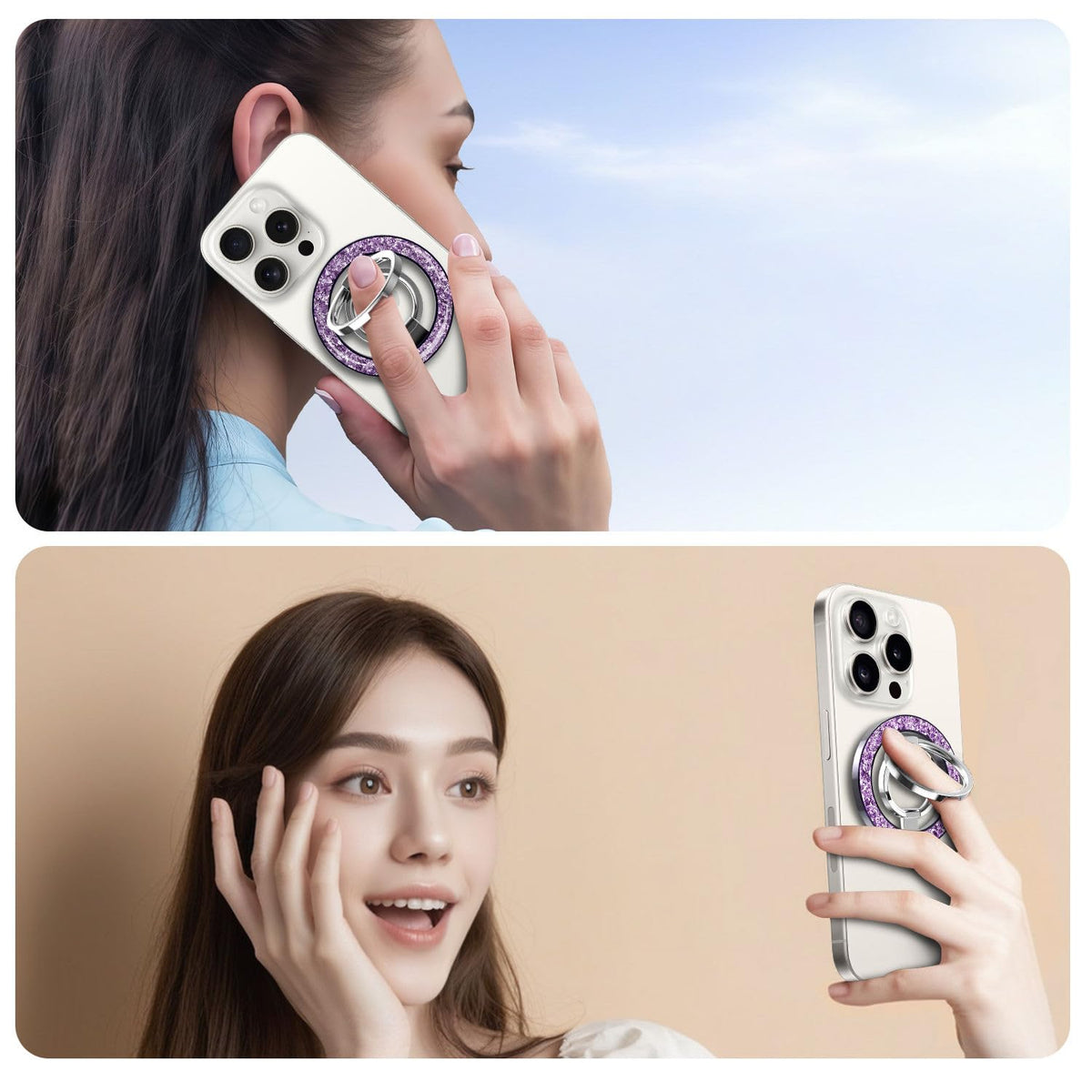 Magnetic Phone Grip & Stand | 2-in-1 Dual Ring Holder - Purple Sparkle