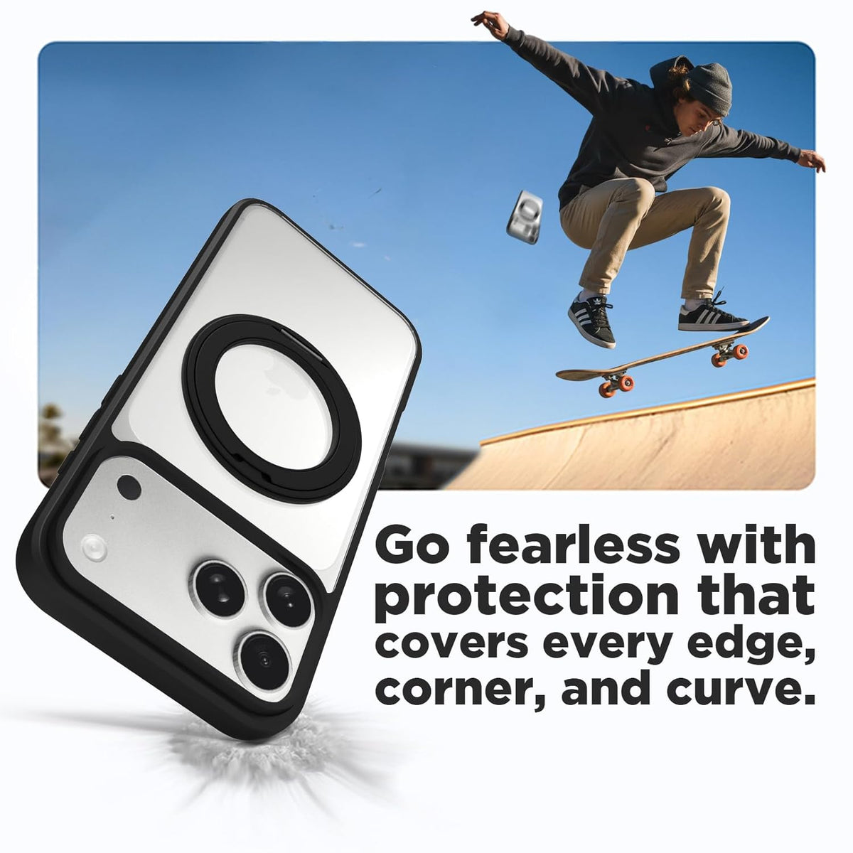 iPhone 18 Pro Max/iPhone 17 Pro Max Ring Stand Back Cover Case | Tough Hybrid - Clear Black Magnetic