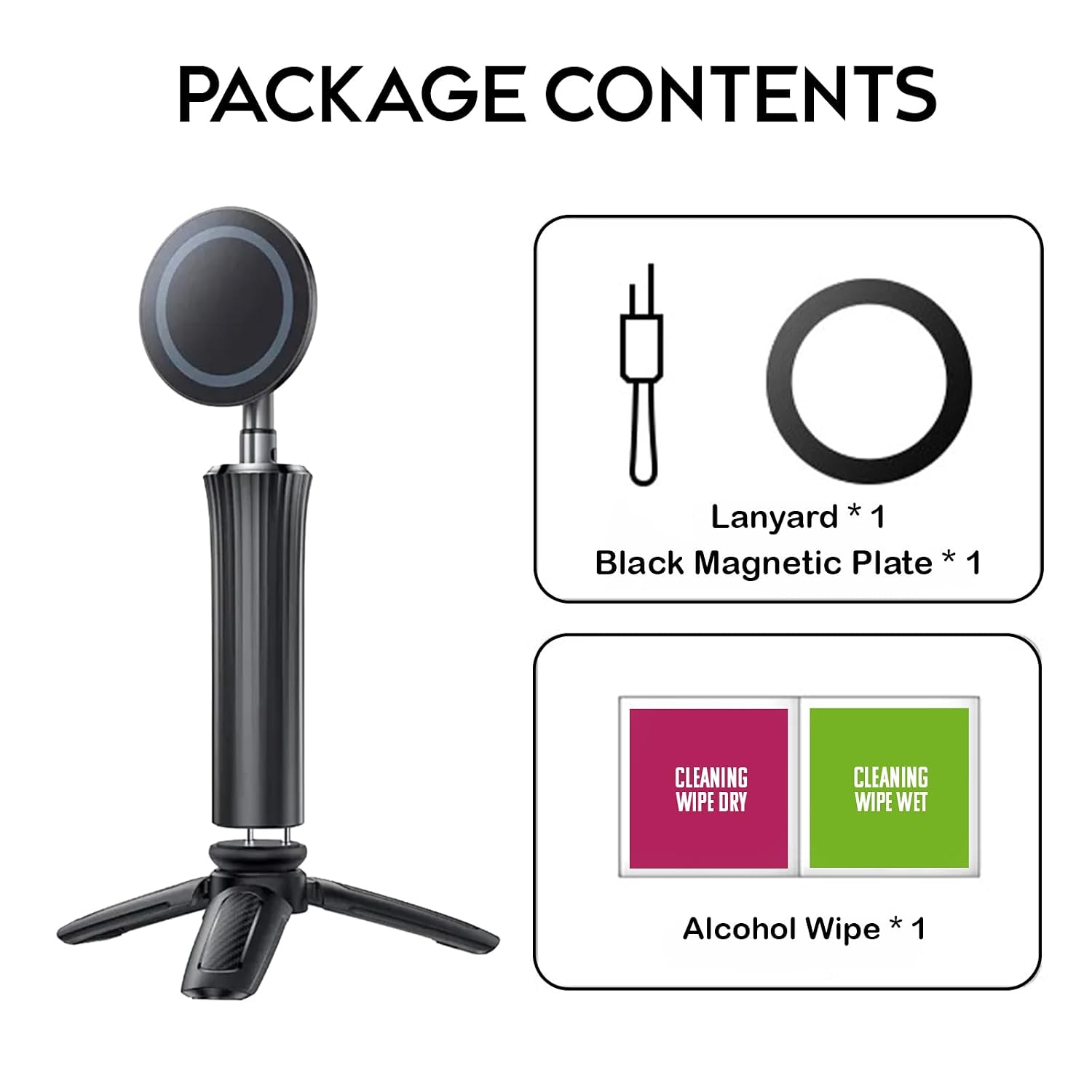 Magnetic Selfie Stick Tripod | 360 Degree Rotatable Phone Holder - Black