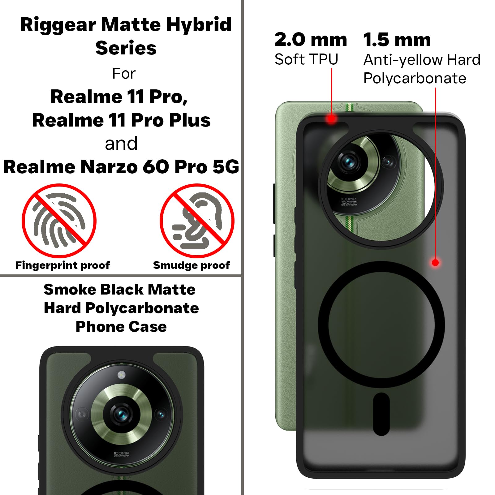 Realme 11 Pro / 11 Pro Plus / Narzo 60 Pro 5G Back Cover Case | Sleek Hybrid - Matte Black Magnetic
