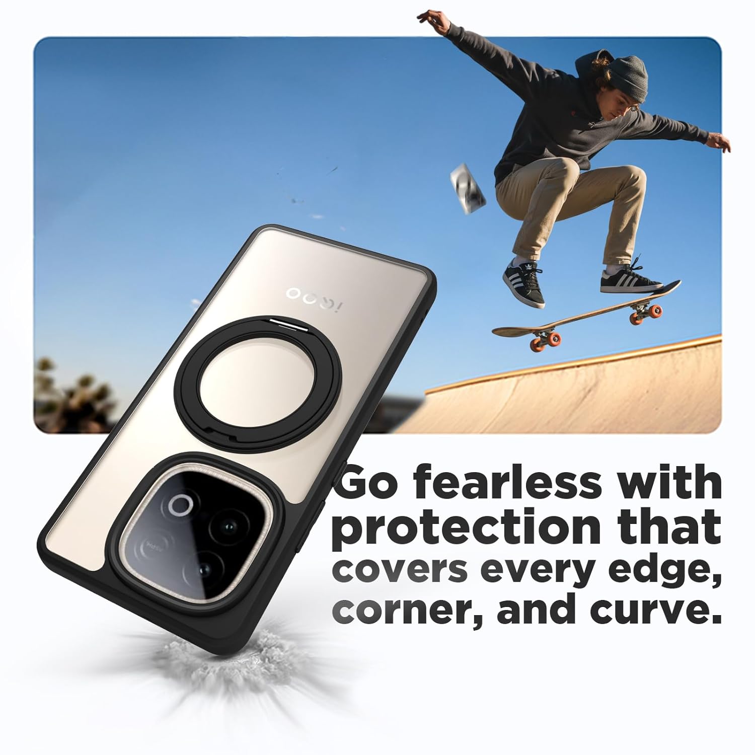iQOO Neo 10 5G Ring Stand Back Cover Case | Clear Hybrid - Clear Black Magnetic