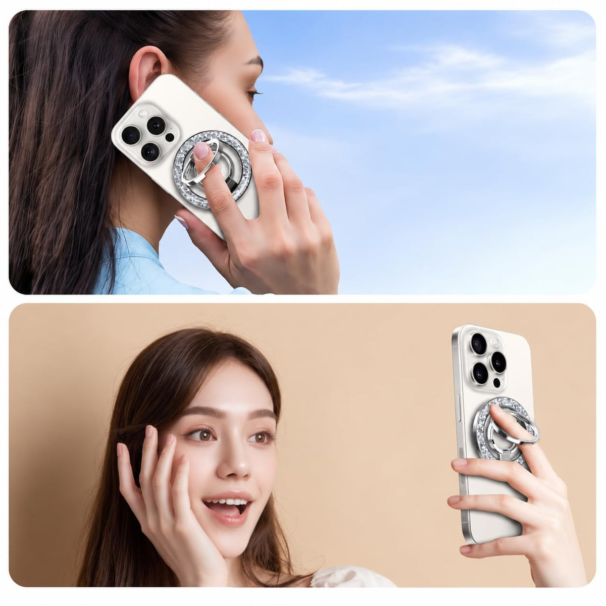Magnetic Phone Grip & Stand | 2-in-1 Dual Ring Holder - Silver Sparkle