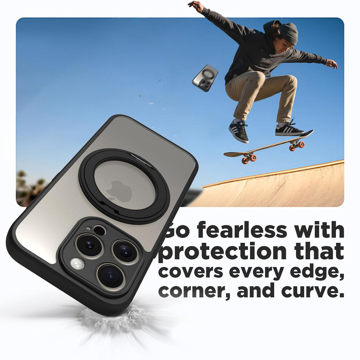 iPhone 15 Pro Ring Stand Back Cover Case | Sleek Hybrid - Clear Black Ring Stand